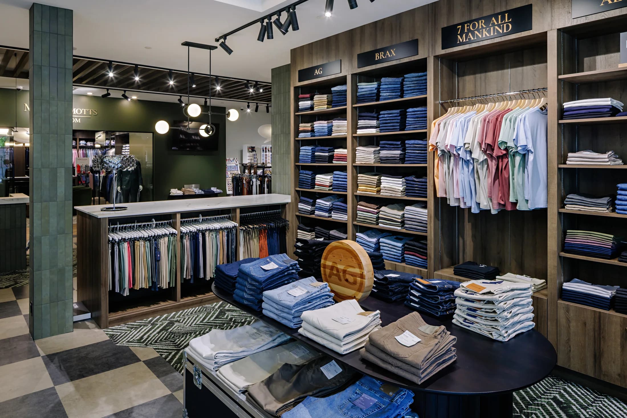 Eton and Patrick Assaraf shelving with folded shirts and hanging rails